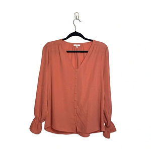 Maurices Salmon Pink V-neck Button Front Ruffle Sleeve Blouse Medium Women’s